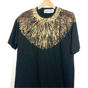 Vintage Loulou 80s Beaded Hand Painted Top Black Gold Crew Neck Short Sleeves
